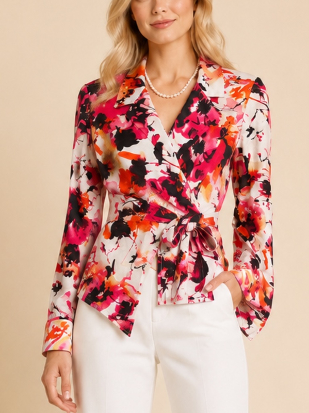 Marika Abstract Tie-Front Wrap Collarded Blouse -SzS